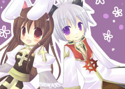 Rule 34 | 1boy, 1girl, :d, arch bishop (ragnarok online), black coat, black dress, blush, brown eyes, brown hair, brown pants, cleavage cutout, closed mouth, clothing cutout, coat, commentary request, cowboy shot, cross, cross necklace, dress, gyorui (yakiudonnn), hair between eyes, high priest (ragnarok online), jewelry, juliet sleeves, layered clothes, long hair, long sleeves, looking at viewer, multicolored coat, necklace, open mouth, pants, puffy sleeves, purple background, purple eyes, ragnarok online, red coat, short hair, shrug (clothing), smile, two-tone coat, two-tone dress, white coat, white hair