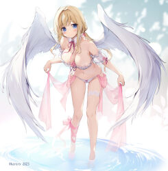 Rule 34 | 1girl, angel wings, bikini, blonde hair, blue eyes, blush, breasts, cleavage, commentary request, frilled bikini, frills, full body, karory, large breasts, long hair, looking at viewer, low twintails, neck ribbon, original, red ribbon, ribbon, solo, standing, swimsuit, twintails, twitter username, white bikini, white wings, wings