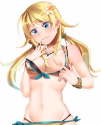 Rule 34 | 1girl, absurdres, bikini, bikini pull, blonde hair, blue eyes, bracelet, breasts, closed mouth, clothes pull, collarbone, flower, front-tie bikini top, front-tie top, hachimiya meguru, hair flower, hair ornament, hand on own face, highres, idolmaster, idolmaster shiny colors, jewelry, layered bikini, long hair, looking down, low twintails, medium breasts, navel, necklace, nipples, one breast out, runoan, skindentation, solo, stomach, swimsuit, twintails, upper body, wavy mouth
