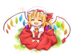Rule 34 | 1girl, 3535carrot, :d, ^ ^, bad id, bad pixiv id, blonde hair, blush, closed eyes, closed eyes, fang, female focus, flandre scarlet, from above, hat, hat ribbon, open mouth, ribbon, side ponytail, sitting, smile, solo, touhou, uguisu mochi (ykss35), wings