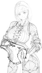 Rule 34 | 1girl, absurdres, alternate costume, armor, breasts, commentary, english commentary, fantasy, female knight, greyscale, hair behind ear, hairband, highres, holding, hololive, knight, large breasts, leaning to the side, medium hair, monochrome, shirogane noel, sketch, smile, solo, unfinished, virtual youtuber, wass nonnam, white background