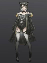 Rule 34 | 1girl, aiv, animal ear fluff, animal ears, arknights, bare shoulders, black background, black dress, black footwear, black hair, black thighhighs, boots, brown eyes, closed mouth, collarbone, commentary request, dress, full body, gradient legwear, highres, looking at viewer, mandragora (arknights), off-shoulder dress, off shoulder, parted bangs, short hair, smile, solo, standing, tail, thighhighs, white thighhighs