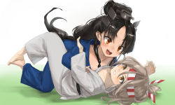 Rule 34 | 2girls, bad id, bad twitter id, barefoot, black hair, blush, brown eyes, clenched teeth, collarbone, fighting, hachimaki, headband, high ponytail, japanese clothes, judo, kantai collection, light brown hair, long hair, long sleeves, low-tied long hair, multiple girls, nisshin (kancolle), open mouth, short eyebrows, sweat, teeth, toka (marchlizard), zuihou (kancolle)