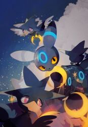 Rule 34 | alternate color, animal focus, bird, black eyes, black wings, bright pupils, carrying, cloud, cloudy sky, colored sclera, commentary, creatures (company), crescent, crescent moon, feathered wings, flying, game freak, gen 2 pokemon, glowing, holding, li04r, moon, murkrow, night, night sky, nintendo, no humans, outdoors, pokemon, pokemon (creature), red eyes, shiny pokemon, sky, sparkle, standing, star (sky), umbreon, wings, yellow sclera