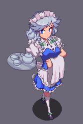 Rule 34 | 1girl, blue eyes, braid, closed mouth, cup, from above, full body, grey background, grey hair, holding, holding tray, izayoi sakuya, maid, maid headdress, pixel art, potemki11, side braids, simple background, smile, solo, standing, teacup, teapot, thighhighs, touhou, towel, tray, twin braids, white thighhighs