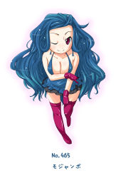 Rule 34 | 1girl, blue hair, breasts, character name, cleavage, creatures (company), game freak, gen 4 pokemon, gloves, large breasts, long hair, looking at viewer, natsumi akira, nintendo, one eye closed, personification, pokemon, purple thighhighs, red eyes, simple background, smile, solo, tangrowth, thighhighs, very long hair, white background, wink