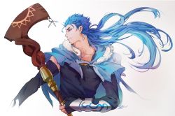 Rule 34 | 1boy, blue hair, bracelet, capelet, closed mouth, cu chulainn (fate), cu chulainn (caster) (fate), earrings, elbow gloves, fate/grand order, fate (series), fingerless gloves, floating hair, fur-trimmed hood, fur trim, gloves, highres, holding, holding staff, hood, hood down, hooded capelet, iash, jewelry, cu chulainn (fate/stay night), long hair, looking to the side, male focus, multiple piercings, red eyes, simple background, smile, solo, spiked hair, staff, type-moon, vambraces, wooden staff