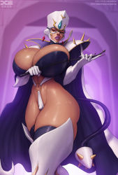 Rule 34 | 1girl, 2020, angel blade, angel blade punish, armor, barretxiii, black thighhighs, boots, breasts, bursting breasts, cape, cleavage, commentary, cowboy shot, curvy, dark-skinned female, dark skin, dominatrix, earrings, elbow gloves, english commentary, erect clitoris, expressionless, eyelashes, fingernails, forehead jewel, from below, gloves, grin, half-closed eyes, hat, helmet, high collar, highres, holding, holding whip, huge breasts, impossible clothes, jewelry, legs together, lips, lipstick, makeup, mask, o-ring, o-ring bottom, pauldrons, phantom lady, purple lips, red eyes, revealing clothes, riding crop, sharp fingernails, shiny clothes, shiny skin, shoulder armor, skindentation, smile, sneer, solo, spikes, standing, tail, thick lips, thick thighs, thigh boots, thighhighs, thighhighs under boots, thighs, veins, veiny breasts, white footwear, white gloves, wide sleeves