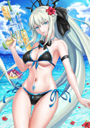 Rule 34 | 1girl, absurdres, bare shoulders, bikini, black bow, blue eyes, blush, bow, braid, breasts, cleavage, collarbone, fate/grand order, fate (series), french braid, grey hair, hair bow, harukey, highres, large breasts, long hair, looking at viewer, morgan le fay (fate), navel, open mouth, ponytail, sidelocks, smile, solo, swimsuit, thighs, very long hair