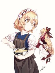 Rule 34 | 1girl, absurdres, alice margatroid, alternate costume, alternate eye color, apron, bad id, bad pixiv id, batter, black apron, blonde hair, blue vest, bottle, bowl, bright pupils, capelet, colored eyelashes, dress, frilled hairband, frilled sleeves, frills, hair between eyes, hair ribbon, hairband, highres, holding, holding bottle, holding bowl, hourai doll, jewelry, long hair, looking at another, looking down, looking up, mixing, notice lines, petticoat, pocket, puffy short sleeves, puffy sleeves, puppet rings, red capelet, red dress, red hairband, red ribbon, ribbon, ring, shirt, short hair, short sleeves, signature, simple background, smile, solo, suguni, talking, touhou, very long hair, vest, waist apron, whisk, white apron, white background, white pupils, white shirt, yellow eyes