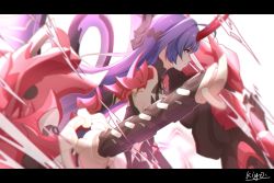 Rule 34 | 1girl, closed mouth, disembodied hand, electricity, floating, hair between eyes, highres, holding, holding sword, holding weapon, honkai (series), honkai impact 3rd, horns, katana, letterboxed, long hair, looking to the side, purple eyes, purple hair, qingxiao kiyokiyo, raiden mei, raiden mei (herrscher of thunder), simple background, solo, sword, weapon, white background