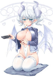 Rule 34 | 1girl, bat wings, blush, breasts, bunji, cleavage, controller, cushion, demon girl, demon tail, drill hair, eating, female focus, food, grey eyes, grey hair, highres, horns, ice cream, jacket, kneeling, large breasts, looking at viewer, lovely labrynth of the silver castle, low wings, multiple wings, open clothes, open jacket, pointy ears, remote control, revealing clothes, slingshot swimsuit, swimsuit, swimsuit under clothes, tagme, tail, thighhighs, transparent wings, wings, yu-gi-oh!