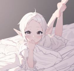 Rule 34 | 1girl, barefoot, bed, bed sheet, blush, brown eyes, dress, frilled dress, frills, hand on own face, highres, holding, holding pillow, legs up, lucasyecla99, lying, mushoku tensei, on stomach, pajamas, pillow, pointy ears, short hair, smile, solo, sylphiette (mushoku tensei), the pose, white dress, white hair