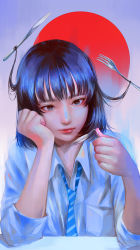 Rule 34 | 1girl, bent spoon, blue eyes, blue hair, closed mouth, floating, floating hair, fork, highres, holding, holding spoon, knife, light smile, medium hair, necktie, original, painterly, sleeves rolled up, smile, solo, spoon, striped, striped necktie, table, table knife, wataboku