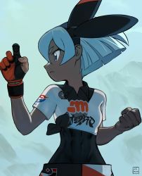 Rule 34 | 1girl, bea (pokemon), black bodysuit, black hairband, bodysuit, bodysuit under clothes, bow hairband, breasts, clenched hand, closed mouth, collared shirt, commentary, covered navel, creatures (company), dark-skinned female, dark skin, english commentary, frown, game freak, gloves, grey eyes, grey hair, gym leader, hairband, hands up, looking to the side, md5 mismatch, nintendo, overlord jc, pokemon, pokemon swsh, print shirt, print shorts, resolution mismatch, shirt, short hair, short sleeves, shorts, single glove, solo, source larger, tied shirt, wristband