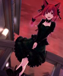 Rule 34 | 1girl, :d, animal ear fluff, animal ears, bow, braid, breasts, cat ears, cleavage, dress, fangs, fisheye, from below, green dress, hair bow, highres, kaenbyou rin, long sleeves, looking at viewer, medium breasts, night, night sky, nostrils, open mouth, perspective, puffy sleeves, railing, red eyes, red hair, red nails, sky, smile, solo, table, teeth, tenamaru, touhou, twin braids, v arms, walking