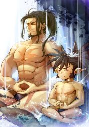 Rule 34 | 2boys, abs, bad proportions, beard, black hair, closed mouth, closed eyes, facial hair, fundoshi, granblue fantasy, harvin, indian style, japanese clothes, jin (granblue fantasy), male focus, male underwear, meditation, multiple boys, mustache, nipples, pointy ears, ponytail, scar, sevilbarra, sideburns, sitting, toned, toned male, waku (ayamix), water, waterfall, white male underwear