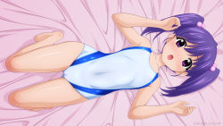 Rule 34 | 1girl, absurdres, blue hair, cameltoe, cleft of venus, collarbone, commentary request, competition swimsuit, covered navel, flat chest, from above, gluteal fold, hair bobbles, hair ornament, highres, long hair, looking at viewer, lying, one-piece swimsuit, original, purple eyes, solo, sugimura tomokazu, swimsuit, twintails, white one-piece swimsuit