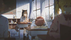 Rule 34 | 4girls, animal ear fluff, animal ears, arknights, bag, black legwear, black neckwear, blonde hair, blurry, blurry foreground, board eraser, bow, bracelet, brown bag, brown eyes, brown hair, chair, chalkboard, classroom, closed mouth, curtains, desk, eraser, exusiai (arknights), flower, hair between eyes, halo, indoors, jewelry, light rays, lococo:p, multiple girls, necktie, out of frame, paper, pencil case, penguin logistics (arknights), plant, pot, potted plant, red bow, red eyes, red hair, school bag, school chair, school desk, school uniform, short hair, sitting, sleeping, sora (arknights), texas (arknights), uniform, white flower