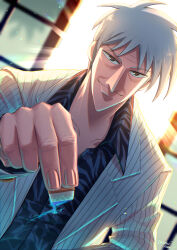 Rule 34 | 1boy, absurdres, akagi shigeru, animal print, blazer, blue fire, closed mouth, commentary request, dutch angle, fire, fukumoto mahjong, fukumoto nobuyuki (style), grey hair, grey shirt, highres, holding, holding mahjong tile, jacket, looking at viewer, mahjong, mahjong tile, male focus, medium bangs, official style, open clothes, open jacket, parody, pointy nose, print shirt, shirt, short hair, shouji, sliding doors, smile, solo, striped clothes, striped jacket, style parody, tachihiro1000, ten (manga), tiger print, upper body, vertical-striped clothes, vertical-striped jacket, wrinkled skin
