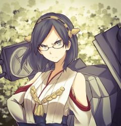 Rule 34 | 10s, 1girl, bare shoulders, brown eyes, brown hair, frown, glasses, hairband, hand on own hip, kantai collection, kirishima (kancolle), nontraditional miko, simple background, solo, tsukamoto minori