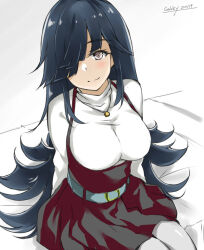 Rule 34 | 1girl, alternate breast size, alternate costume, artist name, belt, black hair, breasts, dated, gakky, hair over one eye, hayashimo (kancolle), high-waist skirt, hime cut, jewelry, kantai collection, long hair, long sleeves, medium breasts, necklace, pantyhose, red eyes, shirt, sitting, skirt, solo, very long hair, white background, white pantyhose