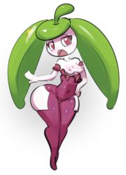 Rule 34 | blush, breasts, creatures (company), full body, game freak, gen 7 pokemon, half closed-eyes, hand on own hip, leaf, leg lift, looking at viewer, makeup, mascara, medium breasts, monster girl, navel, nintendo, nipples, open mouth, plant girl, pokemon, pokemon (creature), pokemon sm, purple eyes, purple legwear, pussy, simple background, standing, steenee, thick thighs, thighs, twintails, uncensored, white background
