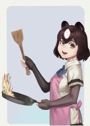 Rule 34 | 10s, 1girl, :d, animal ears, apron, bear ears, bear girl, black gloves, blue bow, blue bowtie, bob cut, border, bow, bowtie, breasts, brown bear (kemono friends), brown eyes, brown hair, cinko, collared shirt, cooking, elbow gloves, eyelashes, fingerless gloves, food, fried rice, from side, frying pan, gloves, grey background, hair between eyes, hands up, happy, highres, holding, holding frying pan, holding spatula, kemono friends, looking at viewer, looking to the side, medium breasts, multicolored hair, open mouth, outside border, parted bangs, pink apron, raised eyebrows, shirt, short hair, short sleeves, simple background, smile, solo, spatula, standing, two-tone hair, upper body, wavy hair, white border, white hair, white shirt, wing collar