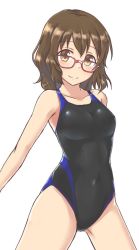 Rule 34 | 1girl, aimobake, bespectacled, black one-piece swimsuit, brown eyes, brown hair, competition swimsuit, cowboy shot, glasses, idolmaster, idolmaster cinderella girls, looking at viewer, namiki meiko, one-piece swimsuit, red-framed eyewear, short hair, simple background, smile, solo, swimsuit, wavy hair, white background