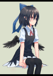 Rule 34 | 1girl, arm support, black dress, black hair, black thighhighs, black wings, blue bow, blush, bow, cirno, cirno (cosplay), commentary request, cosplay, dress, feathered wings, feet out of frame, grey background, hair between eyes, hair bow, highres, letterboxed, neck ribbon, pinafore dress, pointy ears, puffy short sleeves, puffy sleeves, red eyes, red ribbon, ribbon, roke (taikodon), shameimaru aya, shirt, short hair, short sleeves, simple background, sitting, sleeveless dress, solo, thighhighs, touhou, white shirt, wing collar, wings, zettai ryouiki