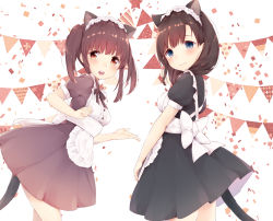 Rule 34 | 10s, 2girls, alternate costume, animal ears, apron, banner, black dress, black ribbon, blue eyes, blunt bangs, blush, bow, brown dress, brown eyes, brown hair, buttons, cat ears, cat tail, closed mouth, commentary request, confetti, cowboy shot, cross-laced clothes, dress, enmaided, extra ears, frilled apron, frilled hairband, frills, from behind, hairband, highres, idolmaster, idolmaster cinderella girls, large bow, leaning forward, looking at viewer, maid, manatsuki manata, medium dress, medium hair, multiple girls, ogata chieri, open mouth, outstretched hand, pennant, puffy short sleeves, puffy sleeves, ribbon, sakuma mayu, shiny skin, short sleeves, sidelocks, smile, standing, straight hair, string of flags, tail, tareme, teeth, twintails, white background, white bow