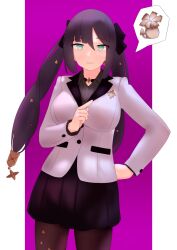 Rule 34 | 1girl, alternate costume, aqua eyes, arkan15, black pantyhose, black skirt, border, breasts, business casual, choker, genshin impact, hand on own hip, highres, jacket, large breasts, light smile, long hair, looking at viewer, mona (genshin impact), outside border, pantyhose, purple background, purple hair, purple jacket, sidelocks, simple background, skirt, solo, sparkle print, star (symbol), star choker, twintails, white border