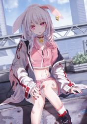 Rule 34 | 1girl, animal ears, backpack, bae.c, bag, bandaid, bandaid on knee, bandaid on leg, blue sky, blurry, building, cable, choker, cityscape, cloud, collarbone, crop top, day, depth of field, ear tag, earphones, fingernails, highres, jacket, lirin (bae.c), long hair, long sleeves, looking at viewer, midriff, nail polish, navel, off shoulder, open clothes, open jacket, original, outdoors, parted lips, pink eyes, pink nails, pink shirt, pink shorts, plant, rabbit ears, red nails, shadow, shirt, shoes, short shorts, shorts, sitting, sky, sleeves past wrists, slit pupils, socks, solo, white hair, white jacket, white socks