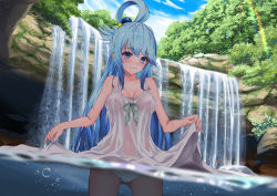 Rule 34 | 1girl, absurdres, air bubble, aqua (konosuba), bare shoulders, blue hair, blue sky, blush, bow, breasts, bubble, clothes lift, cloud, collarbone, commentary request, covered erect nipples, covered navel, day, dress, dress lift, gibun (sozoshu), green bow, hair bobbles, hair ornament, hair rings, highres, kono subarashii sekai ni shukufuku wo!, long hair, medium breasts, no bra, outdoors, panties, partially submerged, partially underwater shot, resolution mismatch, see-through, sky, sleeveless, sleeveless dress, solo, source larger, standing, sun, sunlight, tree, underwater, underwear, very long hair, wading, water, waterfall, wet, wet clothes, wet dress, white dress, white panties