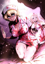 Rule 34 | alternate costume, blonde hair, blood, blood on clothes, blood on face, blue eyes, braid, breasts, cross, darjeeling (girls und panzer), dress, drill hair, girls und panzer, green eyes, hat, highres, holding, holding syringe, horror (theme), large breasts, long hair, marie (girls und panzer), nakahira guy, nurse, nurse cap, red cross, short dress, short hair, short sleeves, syringe, twin braids, white dress