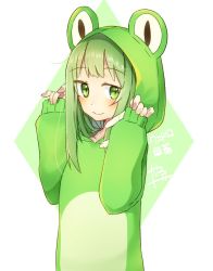 Rule 34 | 1girl, abe suke, alternate costume, animal costume, blush, closed mouth, commentary request, frog costume, green eyes, green hair, hair ornament, hands up, kochiya sanae, long sleeves, looking at viewer, multicolored background, one-hour drawing challenge, sidelocks, signature, snake hair ornament, solo, touhou, two-tone background, upper body