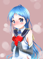 Rule 34 | 10s, 1girl, bare shoulders, black gloves, blue eyes, blue hair, blush, box, candy, chocolate, chocolate heart, elbow gloves, food, gift, gift box, gloves, heart, heart-shaped pupils, heart on chest, holding, kantai collection, long hair, looking at viewer, matching hair/eyes, samidare (kancolle), school uniform, serafuku, solo, symbol-shaped pupils, valentine, yokoshima (euphoria)