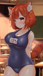 Rule 34 | 1girl, :t, animal ear fluff, arms behind back, blue one-piece swimsuit, blush, chair, chalkboard, classroom, covered navel, desk, earrings, hair ornament, highres, indoors, jewelry, name tag, nijisanji, one-piece swimsuit, pantyhose, puramun, ratna petit, red panda ears, red panda girl, red panda tail, school chair, school desk, school swimsuit, swimsuit, swimsuit under clothes, virtual youtuber, x hair ornament