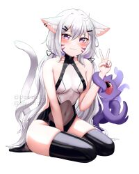 Rule 34 | 1girl, :3, absurdres, alheitrakzoth, animal ears, between legs, black thighhighs, breasts, cat ears, cat girl, cat tail, creature, daemo72, full body, hand between legs, highres, long hair, low twintails, medium breasts, one-piece swimsuit, purple eyes, see-through swimsuit, shyrei faolan, simple background, sitting, smile, swimsuit, tail, thighhighs, twintails, v, very long hair, virtual youtuber, vyugen, white background, white hair