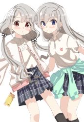 Rule 34 | 2girls, black ribbon, blue eyes, blush stickers, braid, braided bangs, brown eyes, cellphone, closed mouth, clothes around waist, collared shirt, commentary request, earrings, grey hair, grey skirt, hair between eyes, hair ribbon, highres, hisakawa hayate, hisakawa nagi, idolmaster, idolmaster cinderella girls, idolmaster cinderella girls starlight stage, jacket, jewelry, long hair, looking at viewer, low twintails, multiple girls, open clothes, open jacket, parted lips, phone, plaid, plaid skirt, pleated skirt, puffy short sleeves, puffy sleeves, ribbon, shirt, shiwa (siwaa0419), short sleeves, siblings, simple background, sisters, skirt, twins, twintails, very long hair, white background, white jacket, white shirt