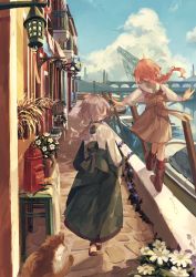 Rule 34 | 2girls, ahoge, balancing, boat, boots, braid, braided ponytail, brown dress, brown footwear, cobblestone, dress, flower, from behind, green dress, highres, house, japanese cylindrical postbox, jetty, kneehighs, kurasaka, multiple girls, original, outdoors, outstretched arms, pink hair, postbox (outgoing mail), red legwear, rowboat, scenery, silver hair, socks, walking on railing, water, watercraft