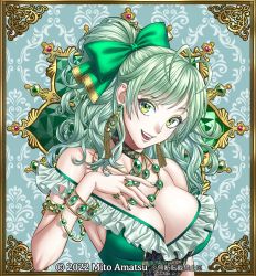 Rule 34 | 1girl, bare shoulders, bow, bracelet, breasts, choker, cleavage, dress, earrings, green dress, green eyes, green hair, hair bow, hair ornament, highres, jewelry, large breasts, long hair, looking at viewer, mito amatsu, nail polish, necklace, original, ring, smile