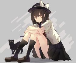 Rule 34 | 1girl, ass, black cat, black footwear, black hair, black hat, black skirt, black socks, bow, brown eyes, cat, clothes between thighs, commentary request, falken (yutozin), fedora, full body, grey background, hair between eyes, hat, hat bow, highres, kneehighs, knees up, loafers, looking at viewer, miniskirt, one-hour drawing challenge, pleated skirt, shadow, shirt, shoes, short hair, short sleeves, simple background, sitting, skirt, socks, solo, thighs, touhou, usami renko, white bow, white shirt