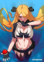 Rule 34 | 1girl, absurdres, alternate costume, artist name, black gloves, blonde hair, blurry, breasts, cleavage, commentary request, creatures (company), crop top, cynthia (pokemon), drunkoak, fingerless gloves, floating hair, fur (clothing), game freak, gloves, grey eyes, hair ornament, hair over one eye, highres, holding, holding poke ball, huge filesize, korean commentary, md5 mismatch, navel, nintendo, poke ball, poke ball (basic), pokemon, pokemon dppt, resolution mismatch, solo, source smaller, watermark