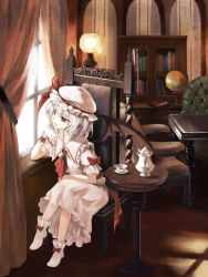 Rule 34 | 1girl, arm support, bad id, bad pixiv id, bat wings, chair, female focus, hat, crossed legs, mg (mica), red eyes, remilia scarlet, short hair, silver hair, sitting, solo, teapot, touhou, window, wings, wrist cuffs