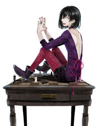 Rule 34 | 1boy, androgynous, black hair, board game, boots, chess, choker, crossdressing, fangs, full body, hauser (pixiv nocturne), jewelry, kuroi nyan, male focus, nail polish, open mouth, original, pantyhose, pantyhose under shorts, patterned legwear, pixiv nocturne, red eyes, red nails, red pantyhose, ring, short hair, shorts, simple background, smile, solo, white background