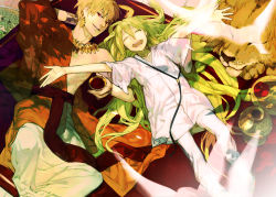 Rule 34 | 2boys, blonde hair, earrings, enkidu (fate), fate/strange fake, fate/zero, fate (series), gilgamesh (fate), green hair, jewelry, lion, long hair, male focus, multiple boys, necklace, outstretched arms, red eyes, robe, shishio (shishio5431), short hair, trap