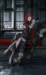 Rule 34 | 1girl, architecture, black dress, china dress, chinese clothes, crossed legs, dress, east asian architecture, hearts (i became a god in a horror game), i became a god in a horror game, liuchang78175, long hair, red hair, sitting, solo
