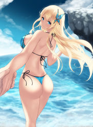 Rule 34 | 1girl, ass, back, beach, bikini, blonde hair, blue bikini, blue eyes, blue sky, blush, boku wa tomodachi ga sukunai, breasts, bug, butterfly, butterfly hair ornament, cait aron, closed mouth, cloud, day, from behind, hair ornament, halterneck, holding hands, insect, kashiwazaki sena, large breasts, long hair, looking at viewer, looking back, ocean, out of frame, outdoors, pov, pov hands, side-tie bikini bottom, sideboob, sky, smile, solo focus, standing, string bikini, swimsuit, thong, thong bikini, water