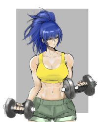 Rule 34 | 1girl, abs, anagumasan, armpits, bare shoulders, black gloves, blue eyes, blue hair, breasts, cleavage, dumbbell, gloves, highres, leona heidern, military, muscular, muscular female, ponytail, shorts, snk, soldier, solo, sweatdrop, tank top, the king of fighters, training